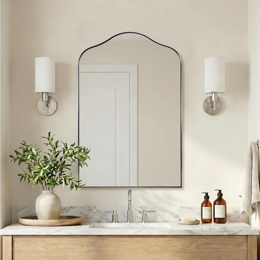 ANDY STAR Scalloped Arched Mirror, 24x36 Brushed Nickel Irregular Bathroom Mirror for Vanity, Asymmetrical Curved, Silver Rustproof Stainless Steel Frame, for Over Sink, Bedroom, Mantel, Fireplace
