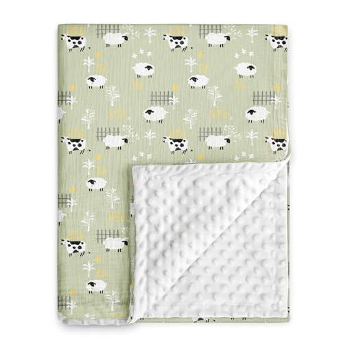 GLLQUEN BABY Blankets for Unisex Newborn Super Soft Nursery Minky Blankets with Muslin Cotton Front and Dotted Fleece Backing, Happy Little Sheep, 30 x 40 inches
