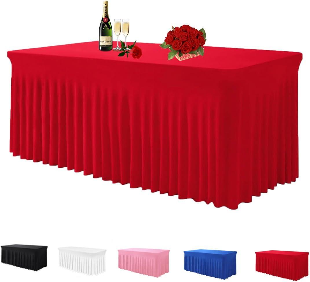 Albassa Table Skirt Spandex Table Cover for Rectangular Tables 6ft, Wrinkle Resistant Ruffles Elastic Table Cover and Table Skirt for Banquets, Weddings, Parties (Red, 6ft 1Pack)