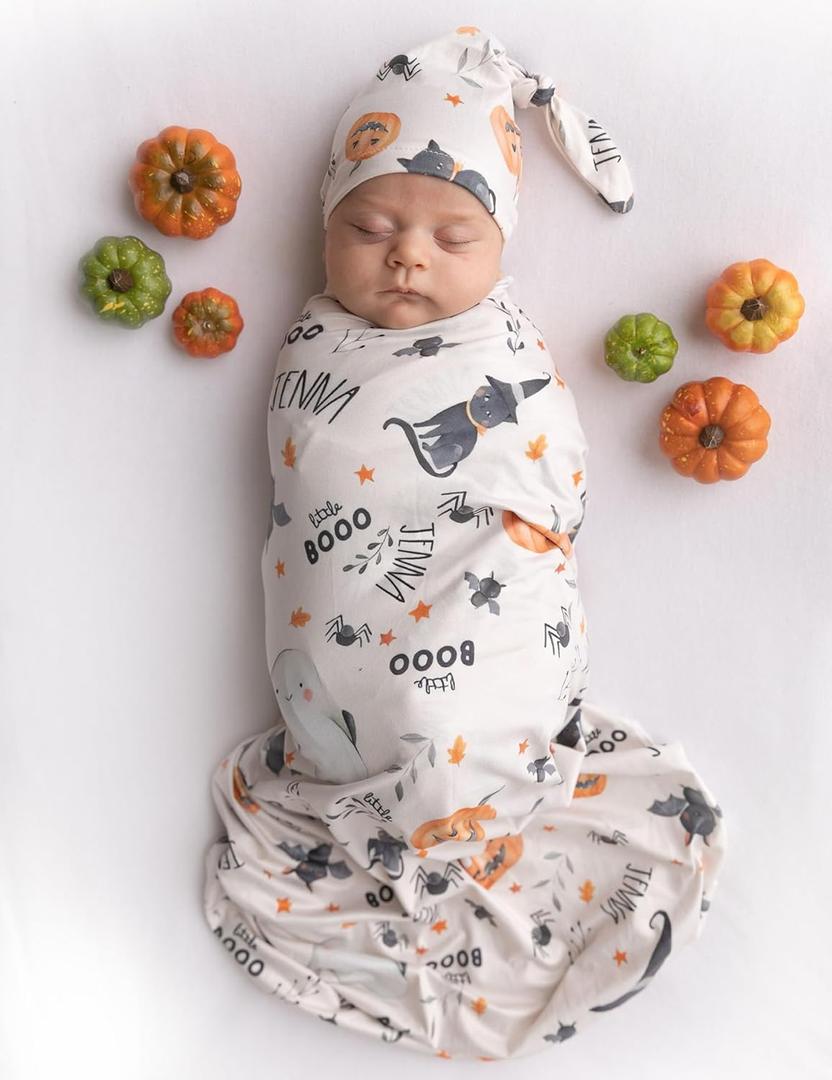 Newborn Baby Halloween Receiving Blanket Stretchy Knit Swaddle Set with Matching Headband and Beanie (Beige)