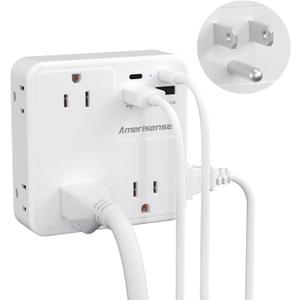Multi Plug Outlet Extender with USB, Amerisense Wall Charger with 6 AC Outlets & 4 USB Ports (2 Type-C & 2 Type A Ports), 3-Sided Power Strip Multiple Outlets for Home, Kitchen, Office, Cruise Ship