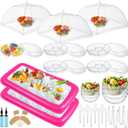 128 Pcs Inflatable Cooler for Parties 2 Inflatable Serving Bars Buffet Cooler for Parties 3 Food Cover 6 Salad Bowl 12 Serving Utensils 5 Plastic Appetizer Tray 100 Labels(Pink)