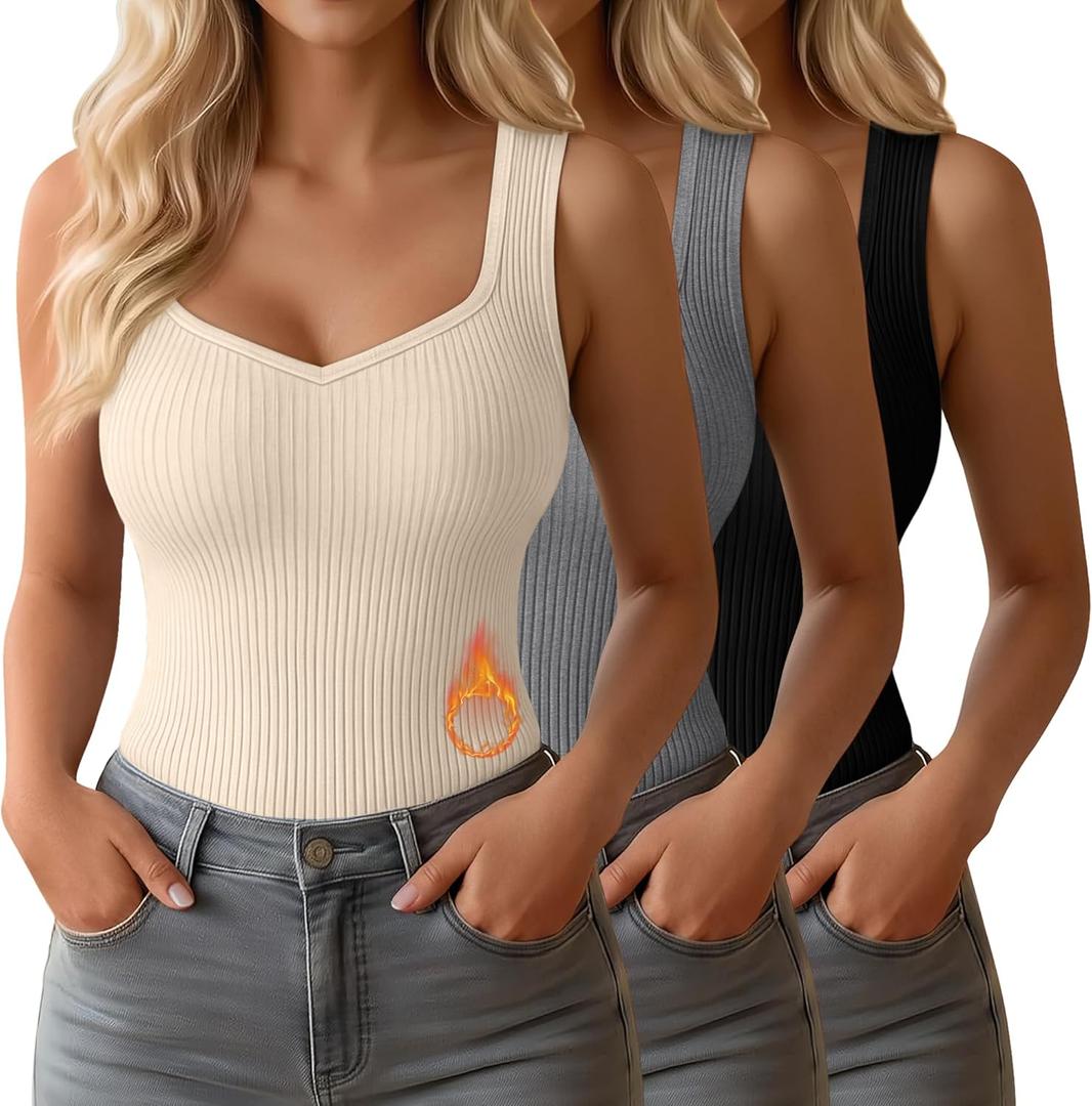 3 Pack Women's Thermal Tank Tops Sleeveless Cotton Underwear Top Sweetheart Neck Ribbed Undershirts Base Layer Vest (X-Large, Black, Gray, Apricot)