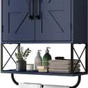 RUSTOWN Farmhouse Medicine Cabinet with 2 Barn Door, Boho Wood Wall Mounted Storage Cabinet with Adjustable Shelf and Towel Bar, 3-Tier Bathroom Cabinet for Bathroom (Navy Blue and Walnut), 19.3 inches x 26 inches x 7.1 inches