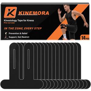 14 Pcs Precut Kinesiology Tape for Knees - Knee Support & Stability, Reduces Pressure Feel, Waterproof, Elastic Strong Adhesive Athletic Tape, Latex-Free, Breathable, for Running, HIIT, Squats (Black)