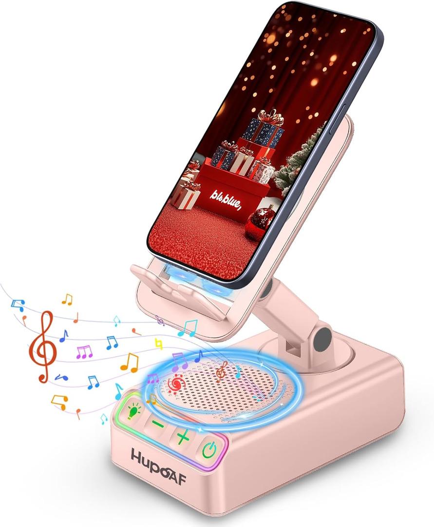 2026 Gifts for Mom Dad, Adjustable Cell Phone Stand with Wireless Induction Bluetooth Speaker, HD Surround Sound & RGB Rhythm Lights, Foldable Portable Stand for Desk, Kitchen Counter, Home Office