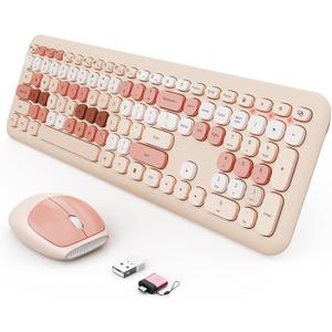Wireless Keyboard and Mouse Combo, Colorful Ergonomic Full Size Retro Low-Noise Keyboard with Cute keycaps, Compatible with Windows, PC, Perfer for Home and Office Keyboards (Brown)