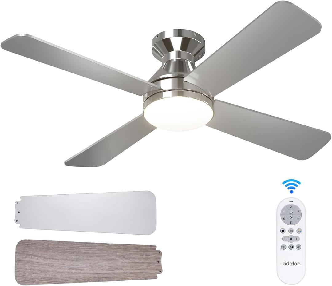 Addlon Ceiling Fans with Lights, 42 inch Low Profile Ceiling Fan with Light and Remote Control, Flush Mount, Reversible, 3CCT Dimmable 4 Blades Nickel Small Ceiling Fan for Bedroom Indoor/Outdoor Use