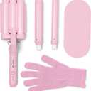 Mermade Hair 3 in 1 Style Wand - Hair Waver 3 Barrel, Curling Iron 1 1/4 Inch, 1 Inch Curling Iron, Ceramic Barrel Waver & Curler w/Heat Glove, Mat, & Interchangeable Handle - Pink