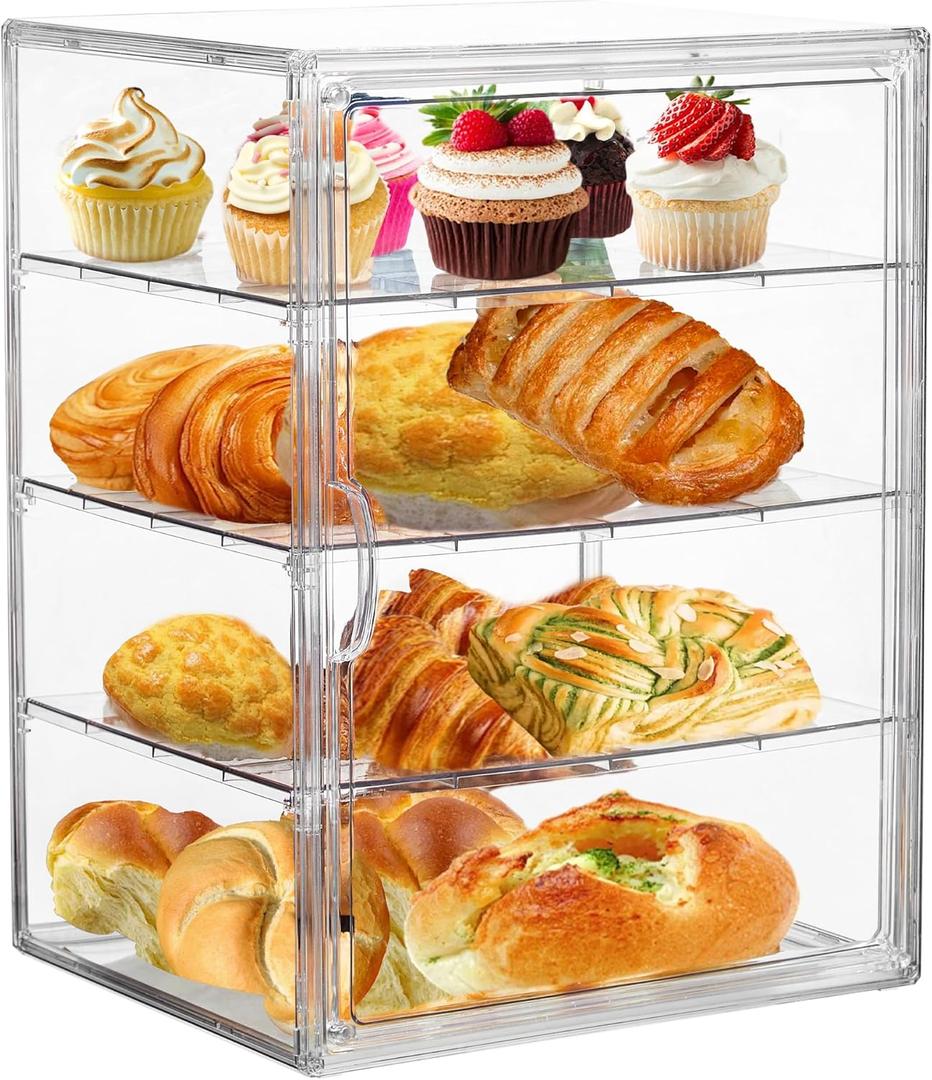 Pastry Display Case,4 Layers Adjustable Clear Bread Box for Kitchen Countertop,Bread Storage with Magnetic Door Bakery Pastry Display15.5x11.4x9.8inch (Transparent-1pack)
