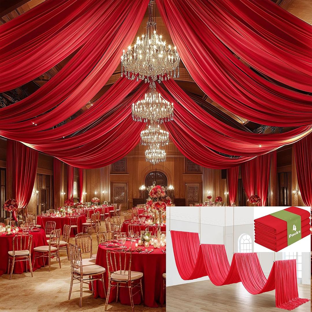 4 Panels 5x40ft Red Ceiling Drapes for Wedding Parties, Wrinkle Free Thick Polyester 40ft Extra Long Wedding Draping Red Ceiling Curtains Arch Drapery for Birthday Party Canopy Tent Decor, 240"W x 480"L