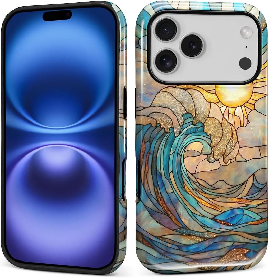 DAIZAG Case for iPhone 17 Pro,Sun Waves Stained Glass Full Body Design Hybrid Dual Protection Soft TPU Hard PC Shockproof Scratch Resistant Protective Cover Phone Case for Men Women