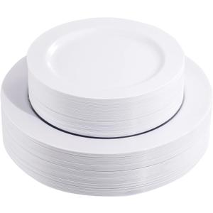 FLOWERCAT 60PCS White Plastic Plates - Heavy Duty White Disposable Plates for Birthday Party/Wedding -serve for 30 guests Include 30PCS 10.25" Dinner Plates & 30PCS 7.5" Dessert Plates for Party