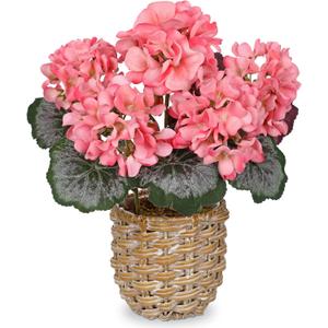 Briful Artificial Pink Geranium Flowers in Woven Basket, 11 Tall Silk Flower Arrangement, Realistic Geraniums Artificial Outdoor Plants for Home Indoor Farmhouse Table Wedding Centerpiece Decor