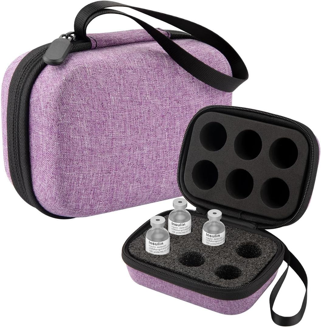 Mviioe Insulin Holder Fridge Storage Carrying Case, Peptide Case Insulin Vial Organizer Bag Fitting 10ml Vial Short Size, Removable Design with 2 Sizes Slot Foam(6 Slots) (Purple)
