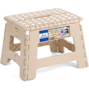 ACKO Folding Step Stool 9 Inch 300 lb Capacity, Plastic Foldable Step Stools for Kids and Adults, Folding Stools Suitable for Kitchen, Stepping Stool with Handle Khaki 1PC
