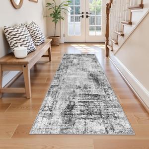 2x6 Washable Kitchen Runner Rug: Abstract Neutral Non Slip Water Resistant Carpet Runners for Hallway Bedside Entryway - Soft Low Pile Easy-Clean Throw Door Mat for Boho Home Decor (Black 2x6)