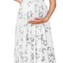 OUGES Maternity Maxi Dress Wrap Baby Shower Pregnancy Dresses for Photoshoot Maternity Outfits Summer Clothes 2026 (Medium, White Green Floral)