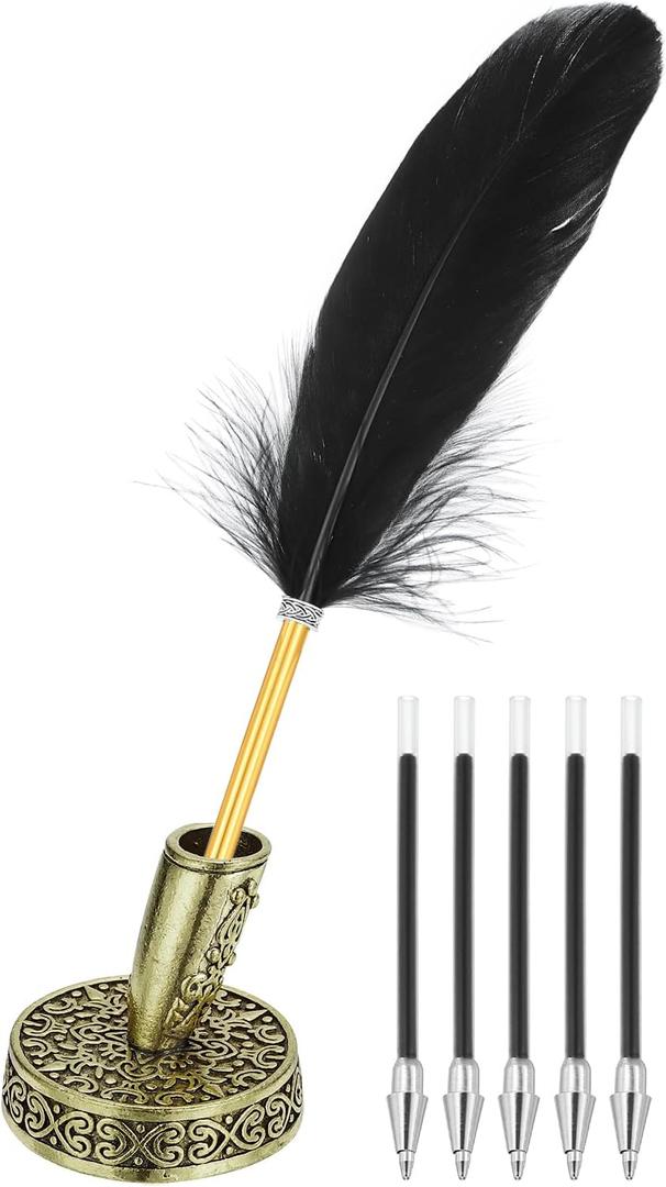 PATIKIL Black Feather Ballpoint Pens Bulk, Metal Holder Black Ink Vintage Quill Writing Pens with 5Pcs Refill for Office, Wedding Signature, Ancient Bronze