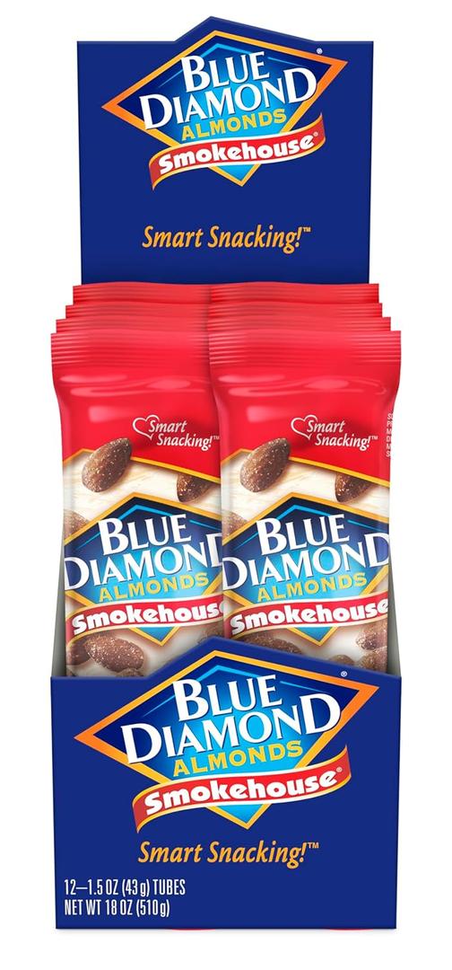 Blue Diamond Almonds, Smokehouse Flavored Snack Nuts, Single Serve Bags (1.5 Oz. Tubes, Pack of 12)