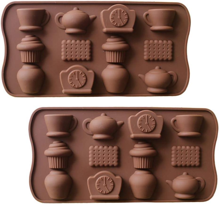 2 Pack Tea Time Silicone Molds Afternoon Tea Teapot Coffee Cups Biscuit Silicone Chocolate Candy Mold Ice Cube Trays (Random Color)