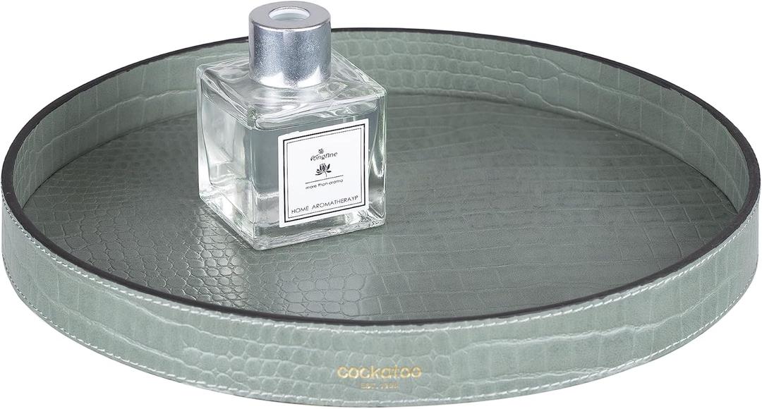 Cockatoo Faux Leather Round Tray, Decorative Coffee Tray for Ottoman, Living Room & Modern Home Decor (Large/11'', Olivine)