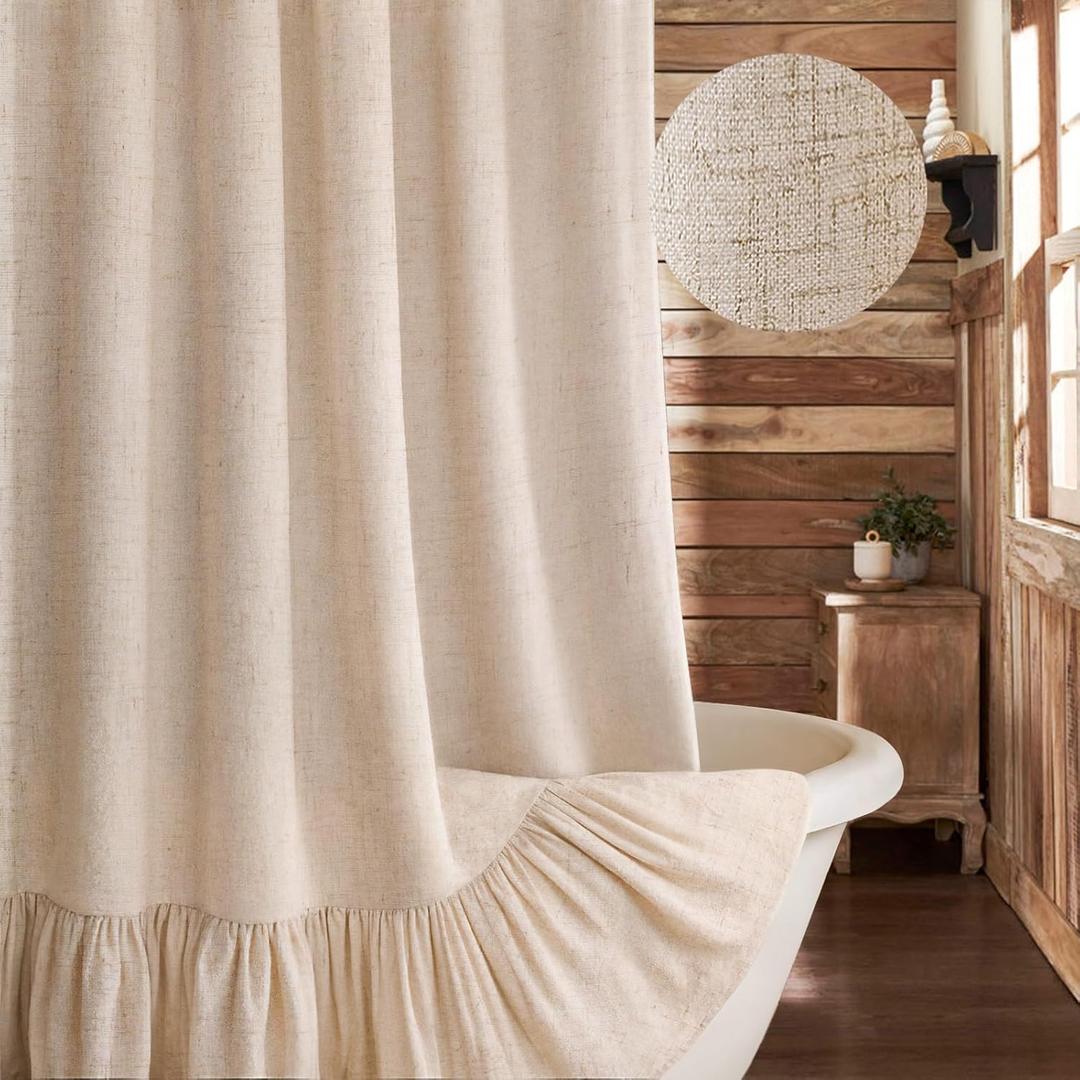 Farmhouse Shower Curtain with Ruffle Hem Linen Beige Shower Curtains for Bathroom Country Vintage Rustic Natural Fabric, 72" W x 84" L
