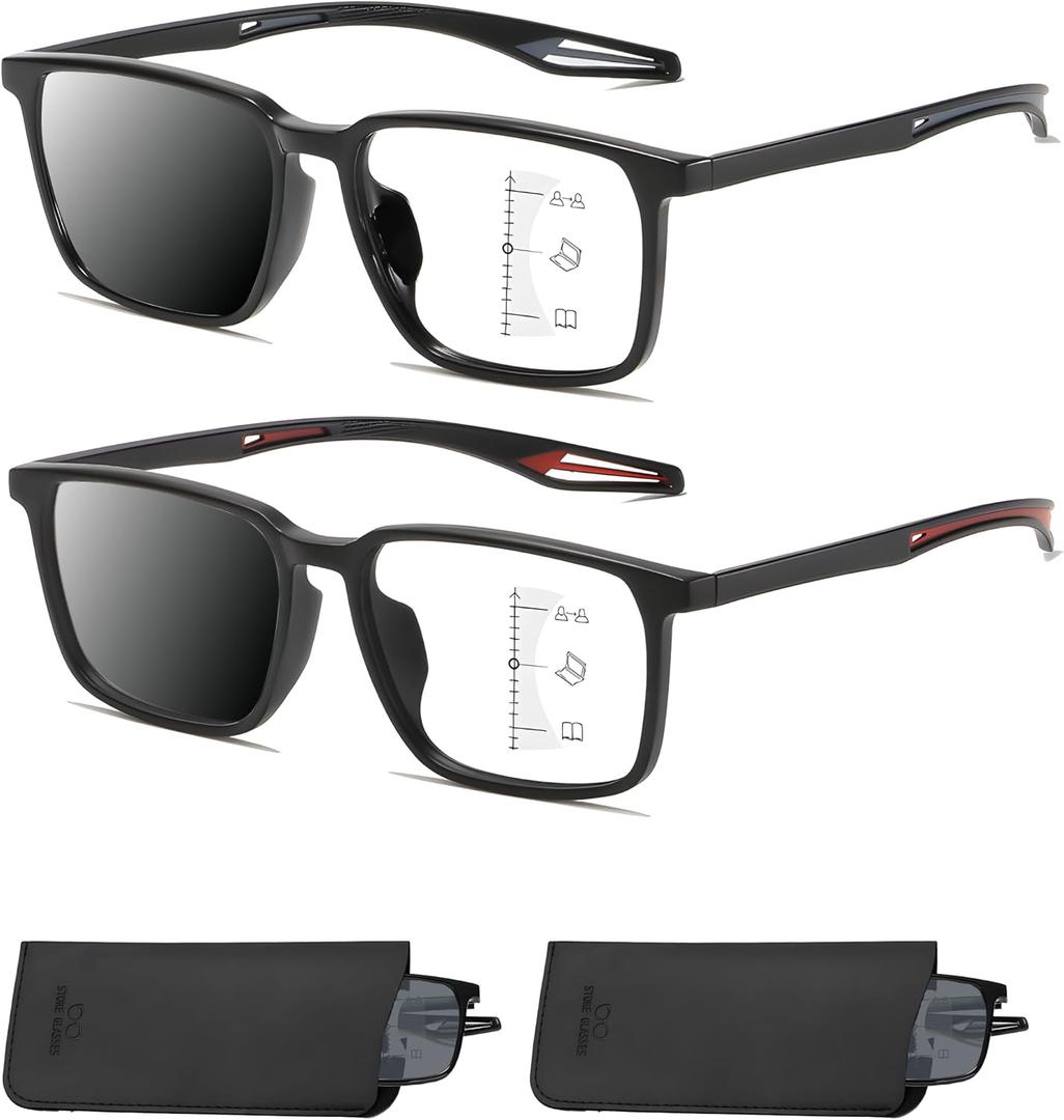 Reading Glasses For Men Women, Blocking Eyeglasses Computer Eye Glasses, TR90 Quality Lightweight (2 Black/Multifocus Photochromic Gray)