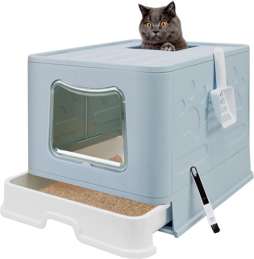 XL Foldable Cat Litter Box with Lid - Jumbo Enclosed Potty - Top Entry Anti-Splashing Toilet - Includes Scoop & 2-in-1 Cleaning Brush (Blue)