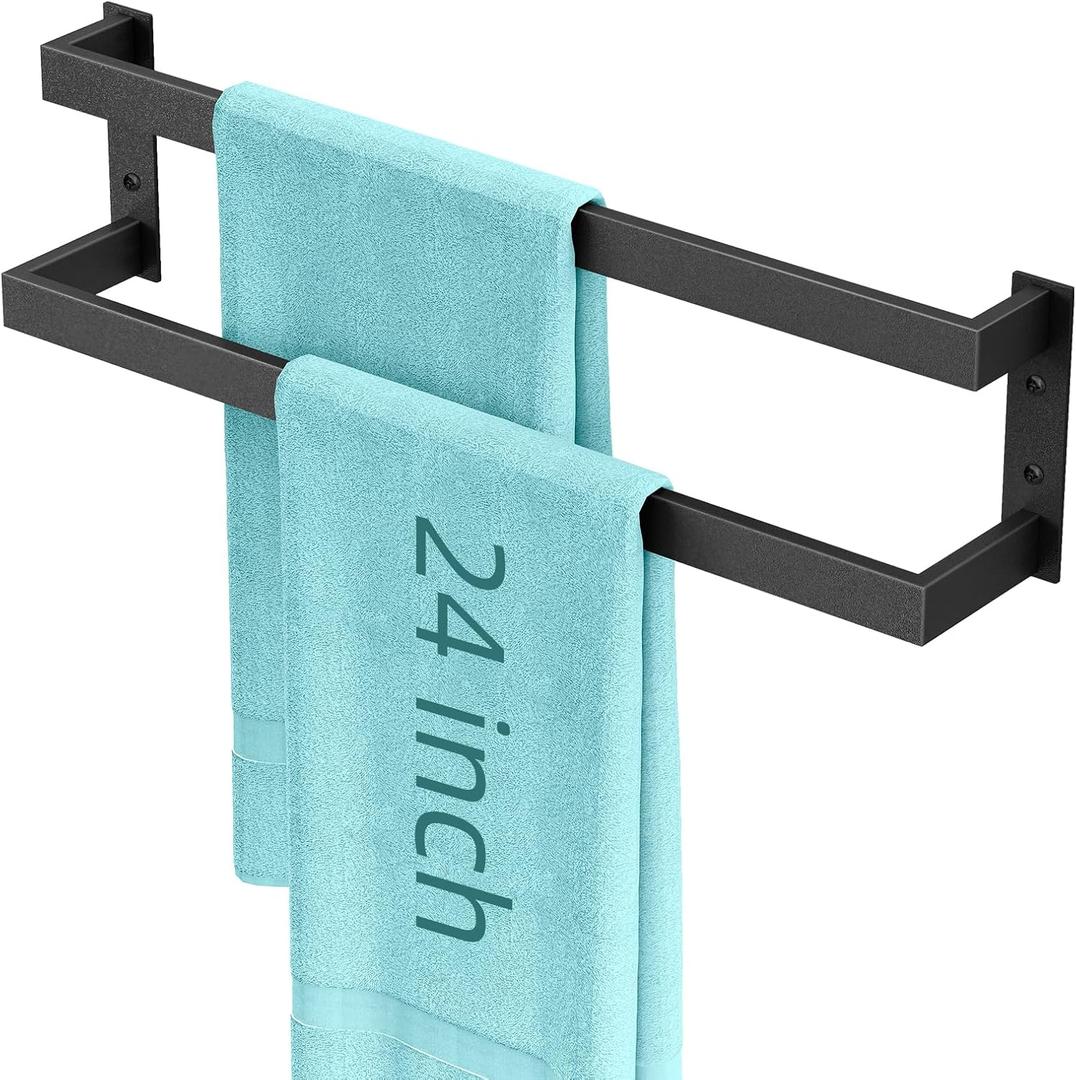 Double Towel Bar, 24Inch Towel Rack for Bathroom,Towel Holder Wall Mounted, Double Towel Rod Towel Rail Hanger for Wall, Kitchen (Matte Black)