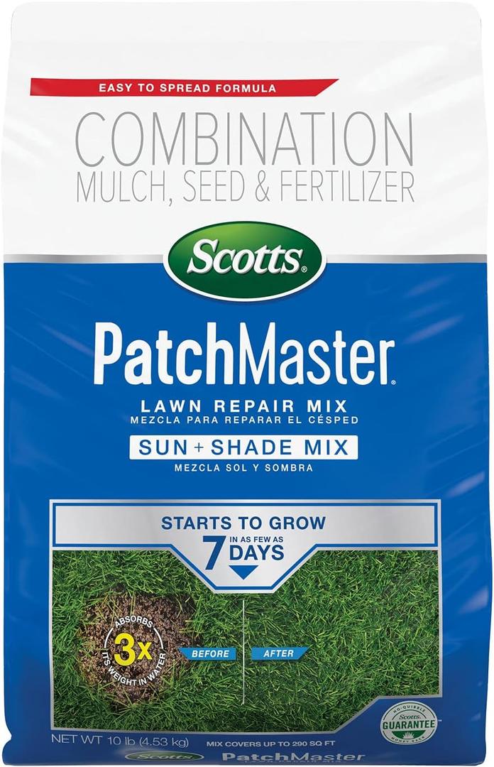 Scotts PatchMaster Lawn Repair Mix Sun + Shade Mix, Combination Grass Seed, Fertilizer, and Mulch, 10 lbs.