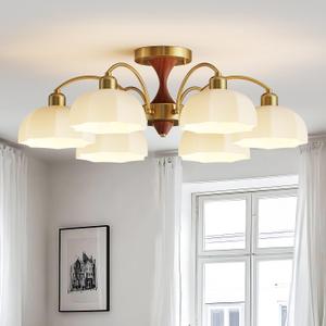 Milk Glass Chandelier Farmhouse Rustic Semi Flush Mount Ceiling Lamp Frosted White Globe Pendant Light Mid Century Modern Wood Grain Chandelier Sputnik Ceiling Light (6- Light)