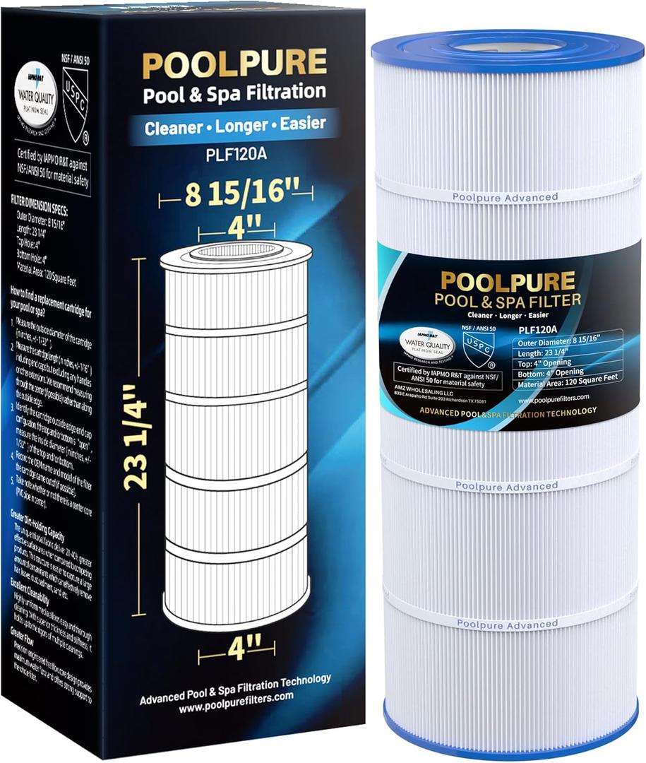 POOLPURE PLF120A Pool Filter Replaces Hayward C1200, CX1200RE, Pleatco PA120, Ultra-B2, Unicel C-8412, Filbur FC-1293, Clearwater II 125, Waterway Pro Clean PCCF-125, L x OD:23 1/4" x 8 15/16"