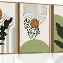 Bwodke Boho Wall Art, Framed Abstract Wall Art, Botanical Canvas Wall Decor, Mid Century Plant Leaf Geometric Pictures Set of 3, Minimalist Paintings, for Bedroom Living Room Bathroom 16"x24", 16"x24"Natural