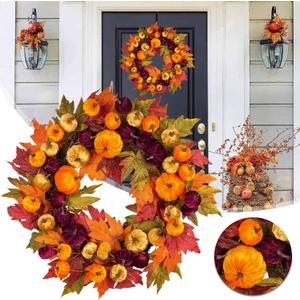 24 Inch Fall Wreath Autumn Front Door Wreath Harvest Wreath with Various Pumpkin Cluster of Maple Leaves for Outside Indoor Wall Window Festival Thanksgiving Autumn Fall Decor