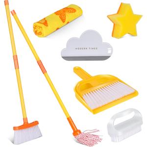 Masthome Kids Cleaning Set, 8 Piece Cleaning Toys Set, Includes Mop, Broom, Brush, Dustpan, Microfiber Cloth, Cleaning Sponge, Squeegee, Window Scraper, Pretend Play Toys for Girls Boys - Yellow