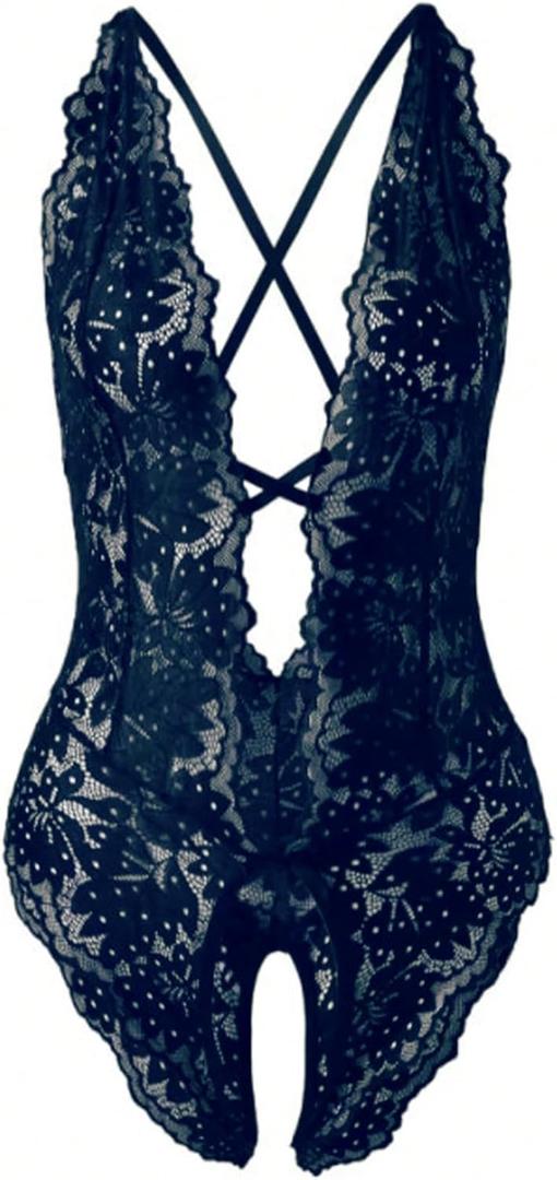 SOLY HUX Women's One Piece Lingerie Sexy Lace Babydoll Deep V Teddy Criss Cross Backless Teddy Mini Bodysuit, Size: S