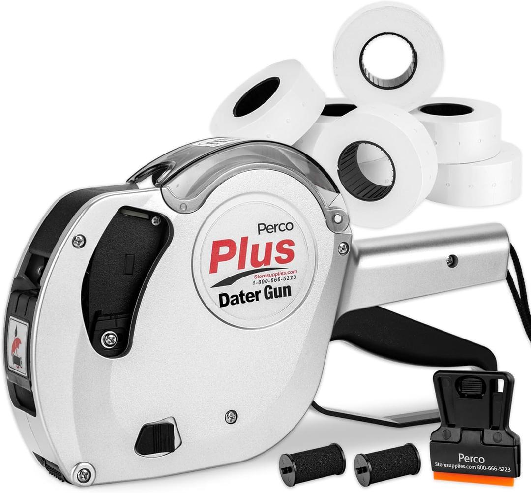 Perco Plus 1-Line Date Marking Gun with Labels Kit - Compares to Monarch 1131-01 Band Includes 1-Line 8-Character Band Date Labeler Gun, 9,000 Blank White Labels, a Label Scraper, and an Extra Inker