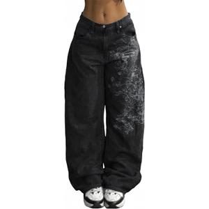 Xineicy Jeans for Women Y2k Grunge Baggy Jeans Mid-Low Waist Barrel Vintage Gothic Denim Pants Streetwear