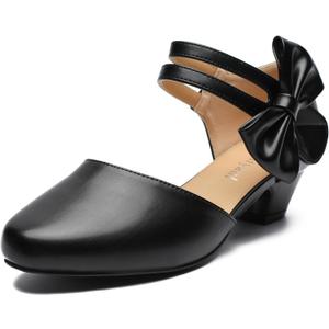 Women's Retro Bow Mary Jane Low Chunky Heel Pumps Closed Toe Ankle Strap D'Orsay Hook and Loop Side Bow Round Toe Dressy Wedding Party Shoes (8, Black Matte)
