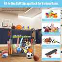 WUC Sports Equipment Garage Organizer - Garage Ball Storage Rack with Basket, Hooks and Rolling Cart for Sports Gear and Toy Storage, Grey