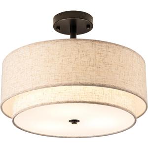 Drum Semi Flush Mount Ceiling Light, 16 inch 3 Lights Ceiling Light Fixture with 2-Layer Fabric Shade, Black Farmhouse Drum Ceiling Lighting for Bedroom Hallyway Dining Room Kitchen