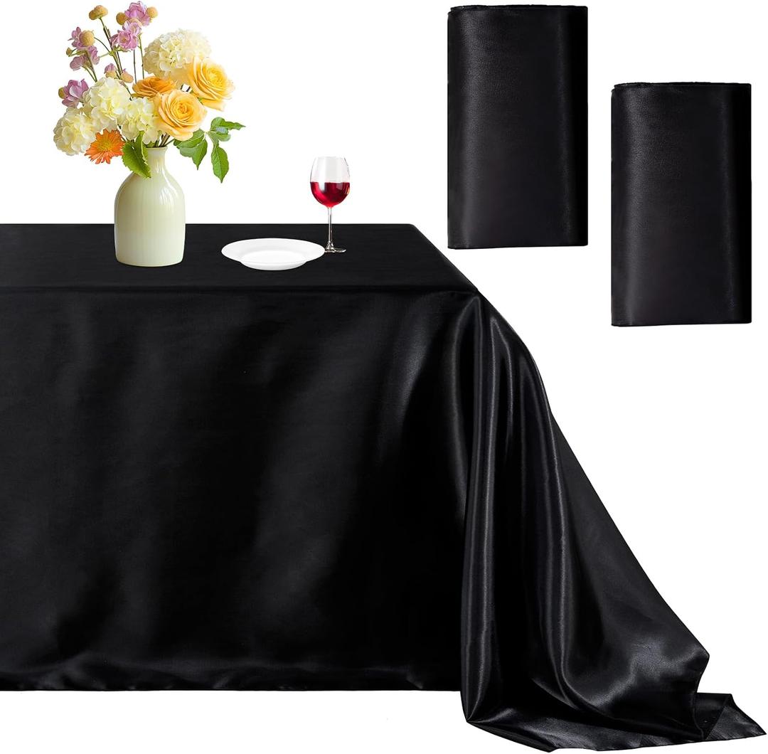 B-COOL Black Satin Tablecloth Rectangle Party Smooth Fabric for Holiday Reception Wedding Baby Shower Ceremony 2 Pack 90x132inch