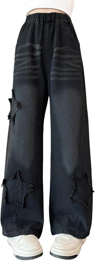 Kids Girls Jeans Washed Elastic Waist Baggy Wide Leg Jeans Size 4-14 Years (5-6 Years, Black Start)