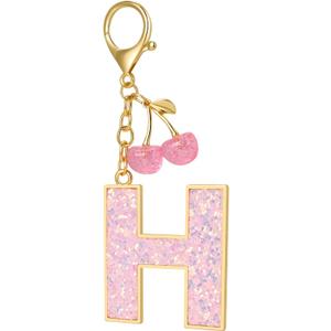Junyuerly Pink Initial Keychain with Cherry Charm, Gold letter Bag Charms for Women,Cute Purse Handbag Accessories