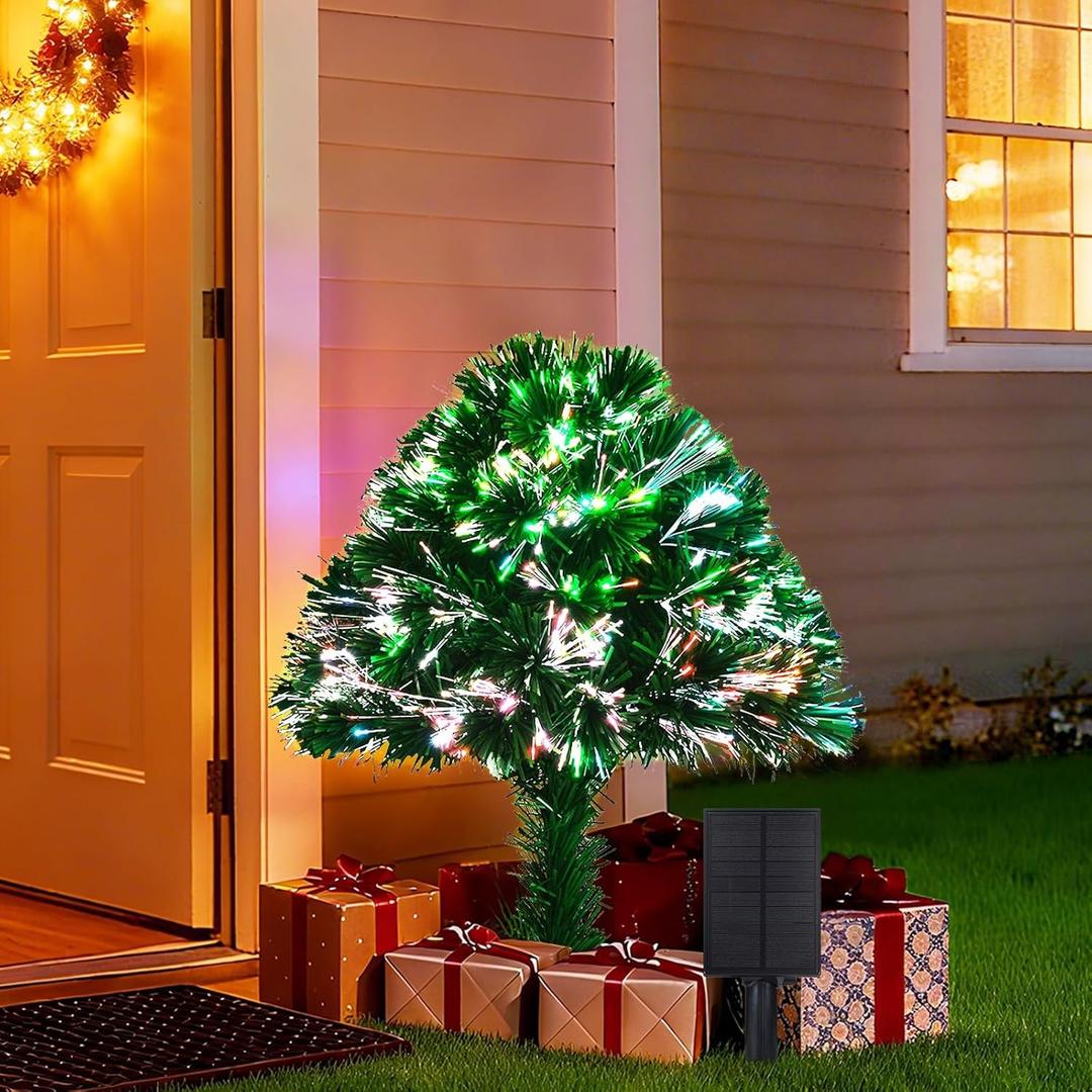 Alupssuc Solar Christmas Tree, Pre-lit Fiber Optic Xmas Tree with 5 Colors Lights, Outdoor Christmas Tree Decorations for Outsdie Holiday Display Yard Front Porch Pathway Cemetery Decor (18 Inch-Solar)