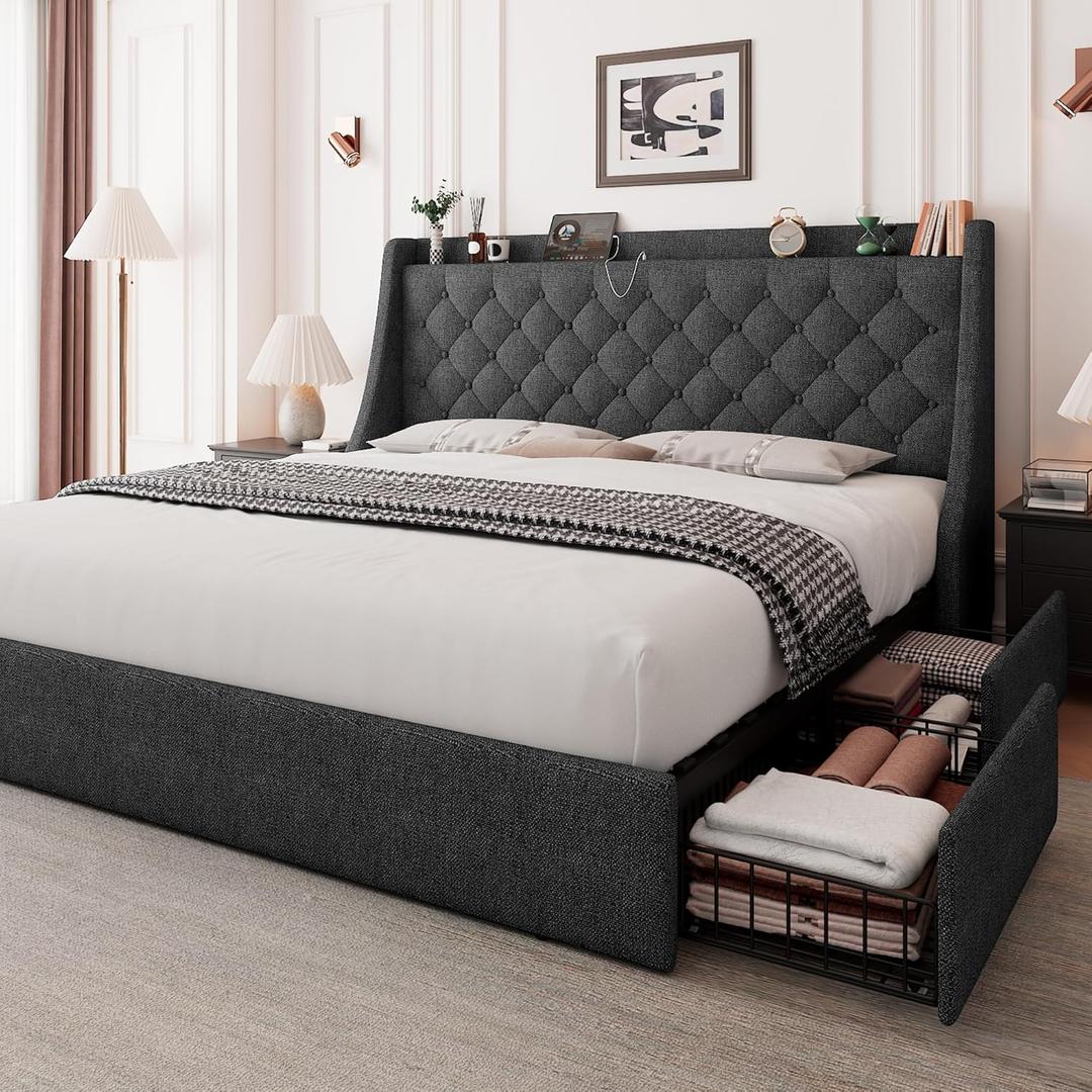 Feonase Queen Bed Frame with 4 Storage Drawers, Upholstered Storage Bed with Charging Station, Tufted Wingback Headboard, No Box Spring Needed, Dark Grey