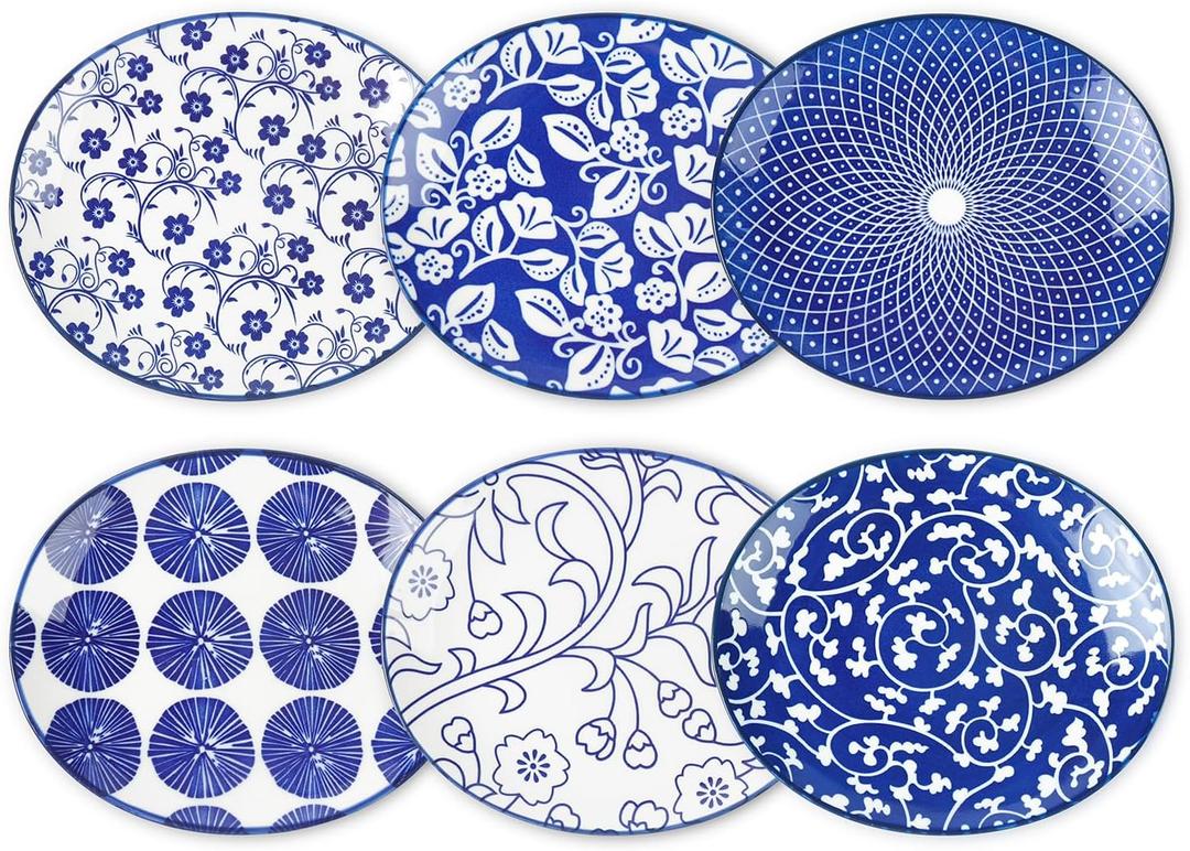 Selamica Small Dinner Plates, Oval Dessert Plates Ceramic, 6 Inch Small Plates for Appetizer, Cake, Snacks, Microwave Dishwasher Safe, Set of 6, Vintage Blue
