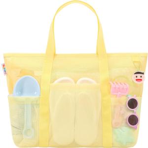 Tagitary Mesh Beach Bag with Zipper Large Beach Tote Waterproof Sandproof with 8 Pockets for Toys Pool Bag Beach Accessories (Yellow)