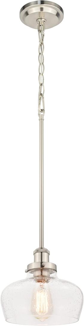 Modern Industrial Pendant Light with Clear Seeded Glass Shade, Adjustable Hanging Lights for Kitchen Island in Brushed Nickel Finish 8 inch Shade